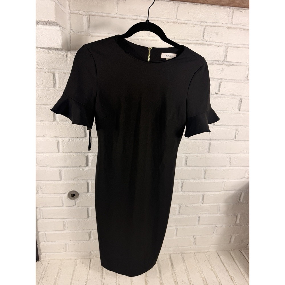 Calvin Klein Womens 4P Black Ruffle Sleeve Sheath Dress Gold Zip Petite